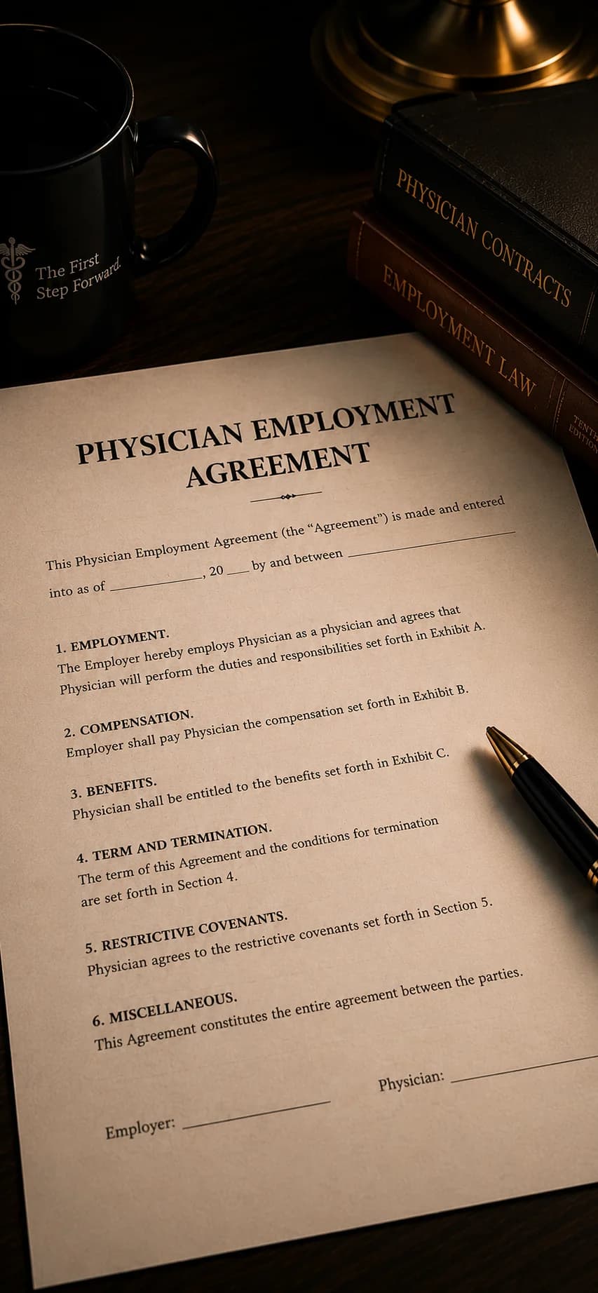 A physician employment agreement on a desk beside law books on physician contracts and employment law